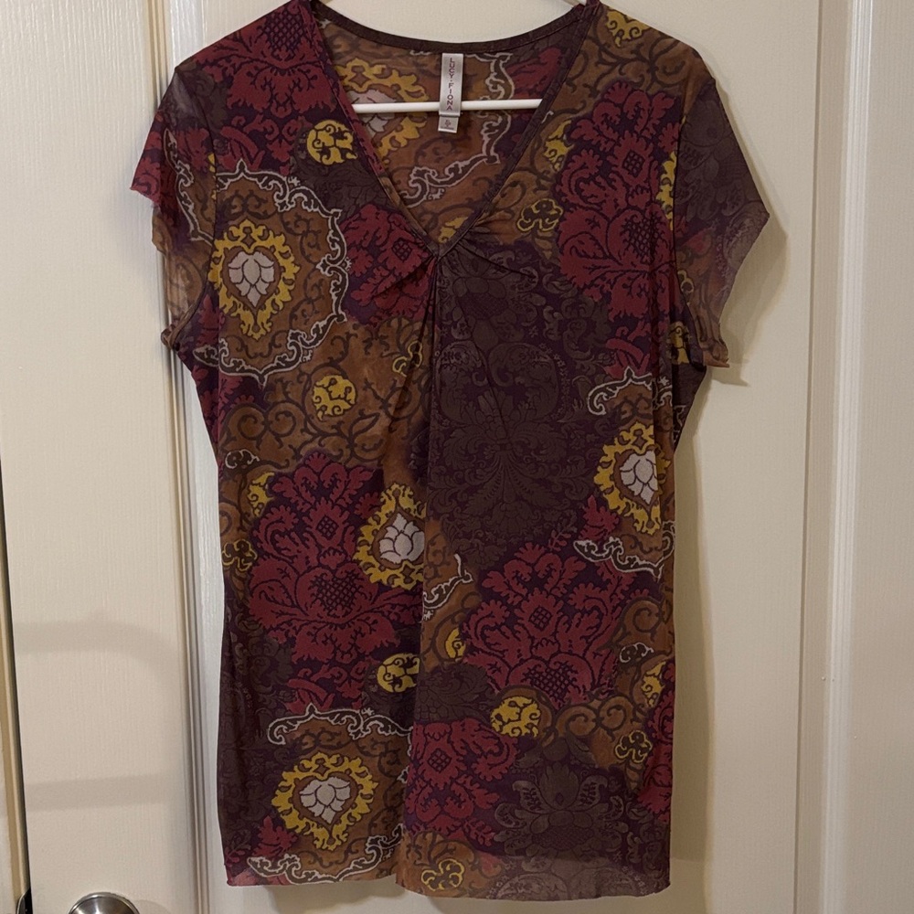 Elegant V-Neck Floral Tee - Red, Yellow, Brown